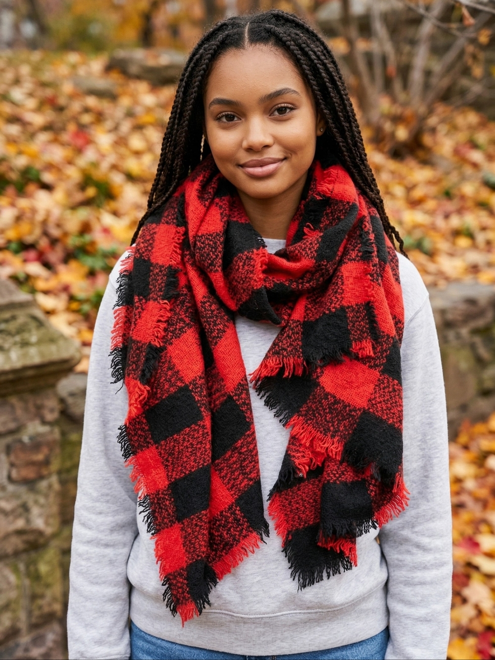 Cozy Red and Black Checkered Scarf - Picture 1 of 7